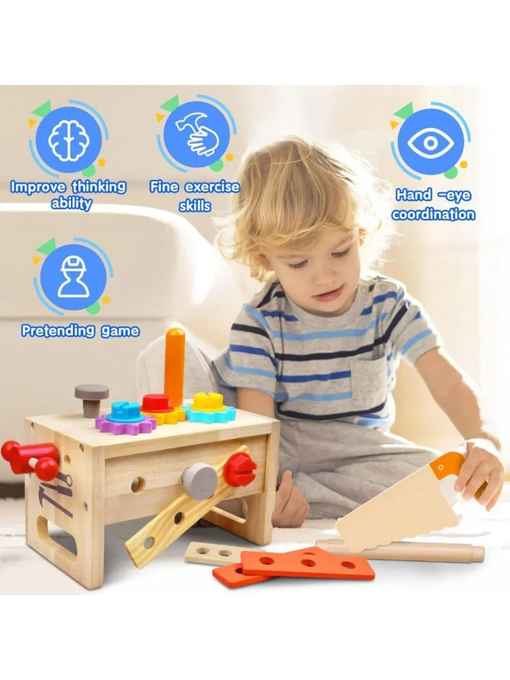 29-Piece Wooden Kids Tool Set with Toolbox | Montessori STEM Educational Toy for